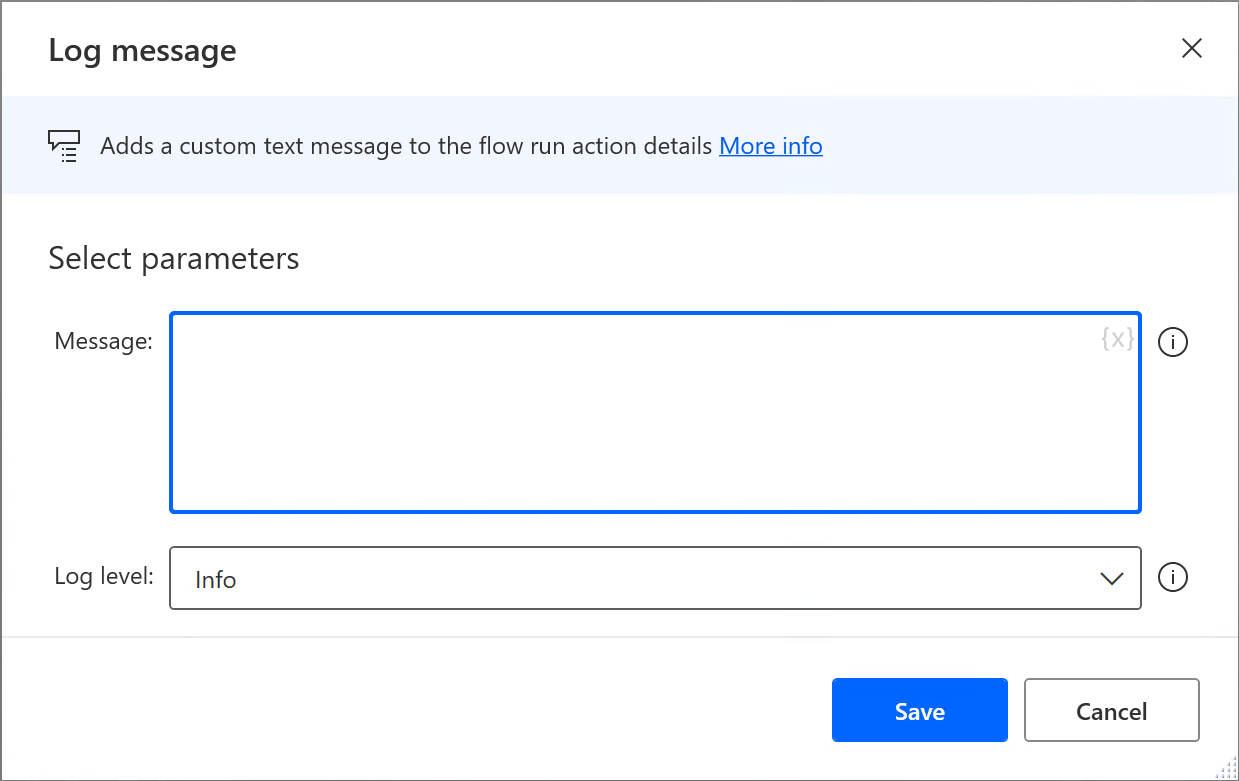 Screenshot of the Log message action.