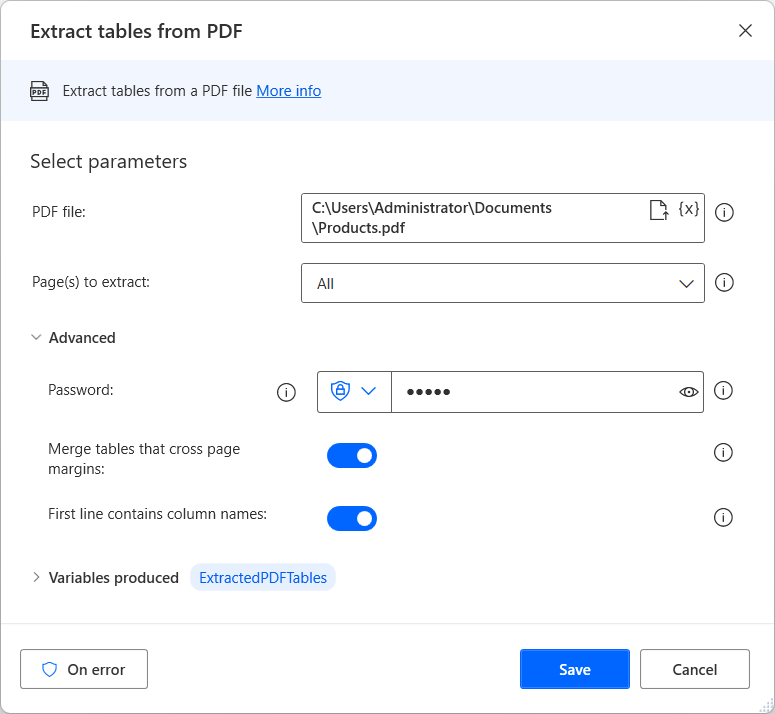 Screenshot of the Extract tables from PDF action.