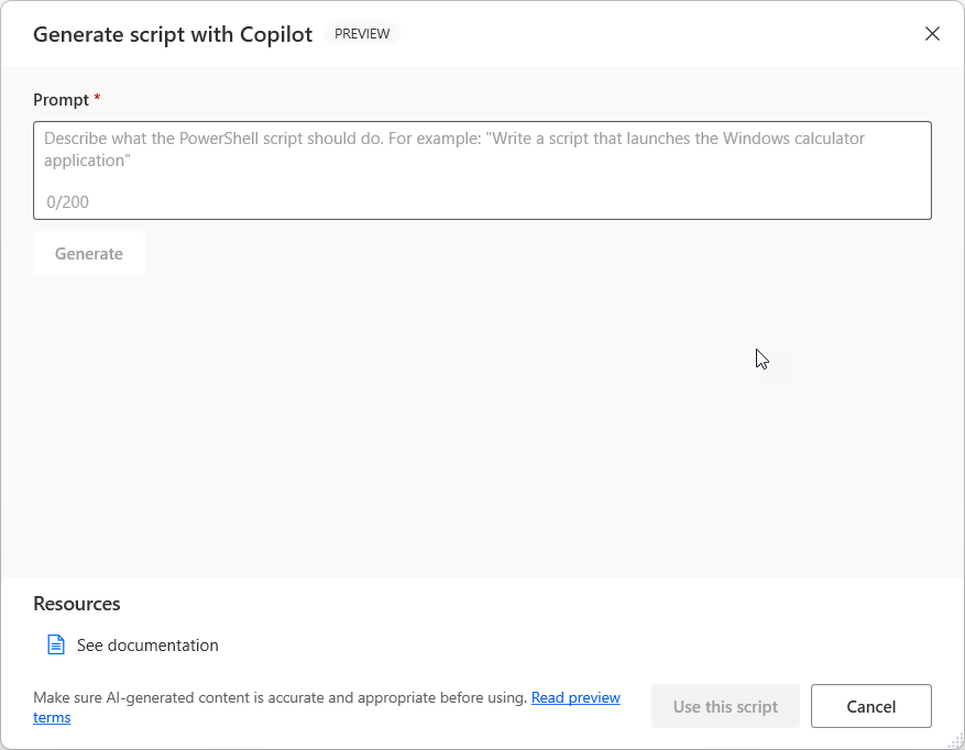 Screenshot of the generate PowerShell action with the prompt dialog open