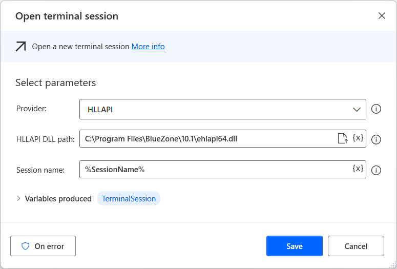 Screenshot of the Open terminal session action with the HLLAPI option selected.