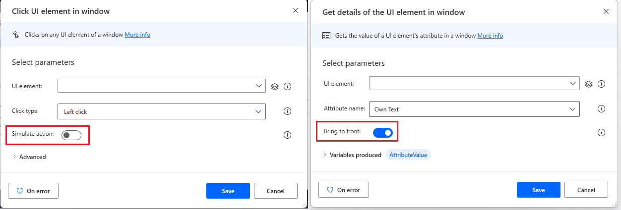 Screenshot of the parameters related to simulate a UI automation action or execute it physically.