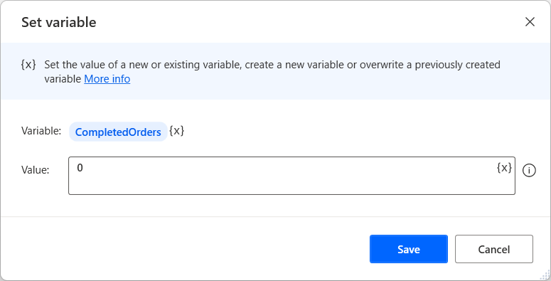 Screenshot of the Set variable action.