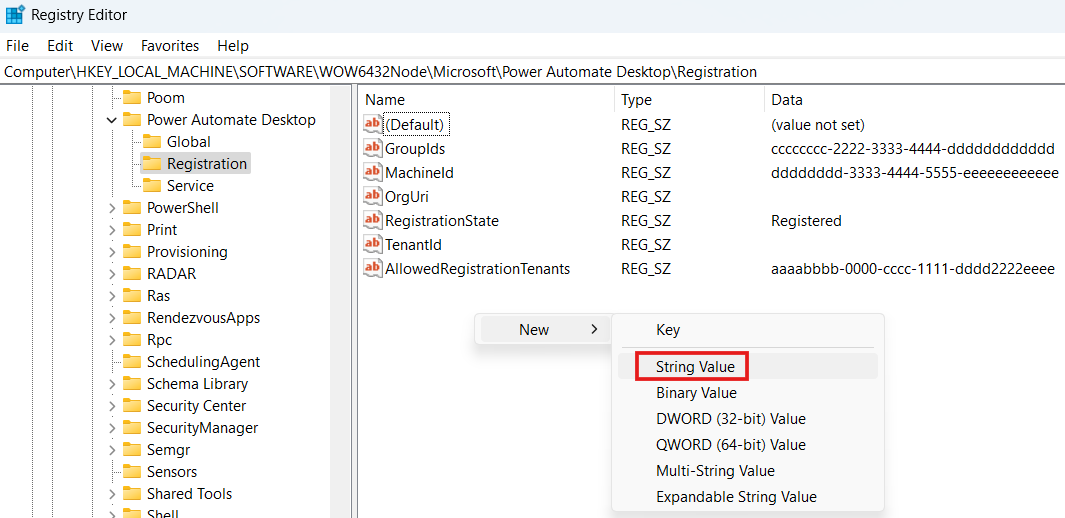 Screenshot showing the creation of a string value in the Power Automate Desktop Registration registry key.