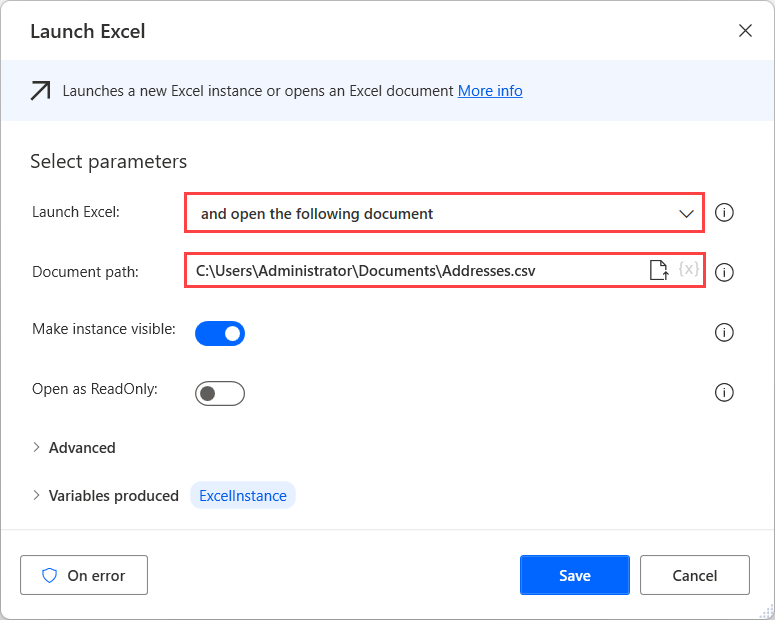 Screenshot of the Launch Excel action configured to open a csv file.