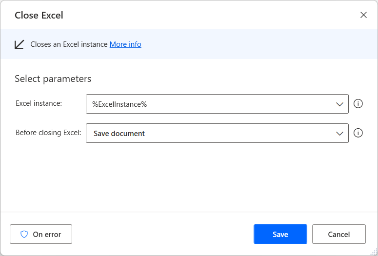 Screenshot of Close Excel action.