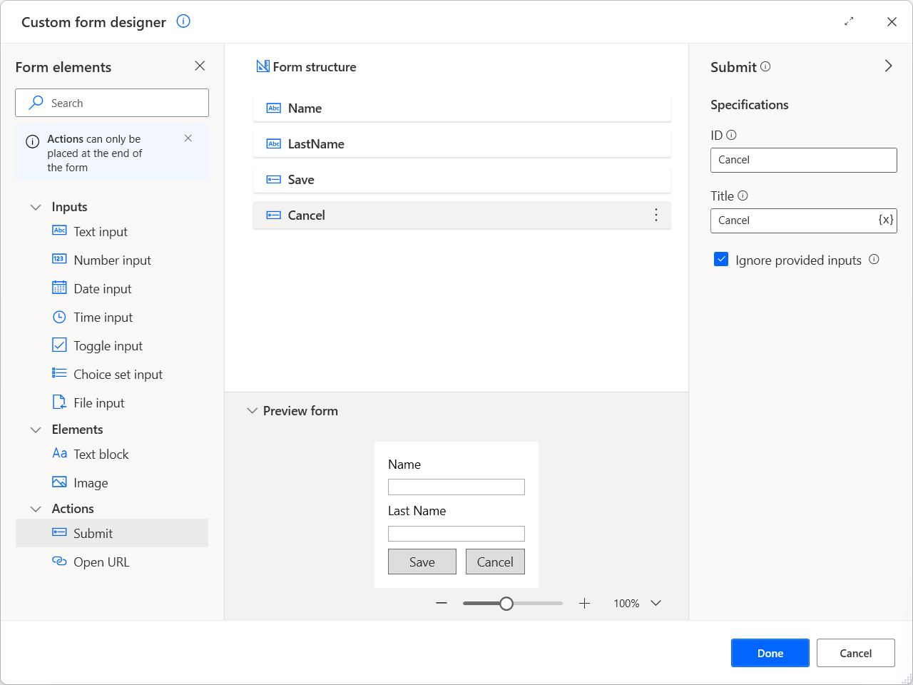 Screenshot of the added elements in the custom form designer.