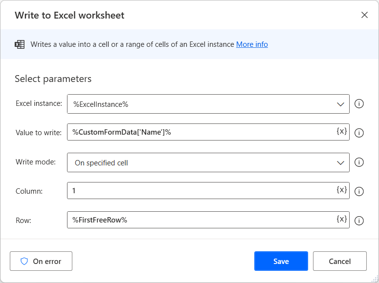 Screenshot of Write to Excel worksheet action that writes the customer's name.