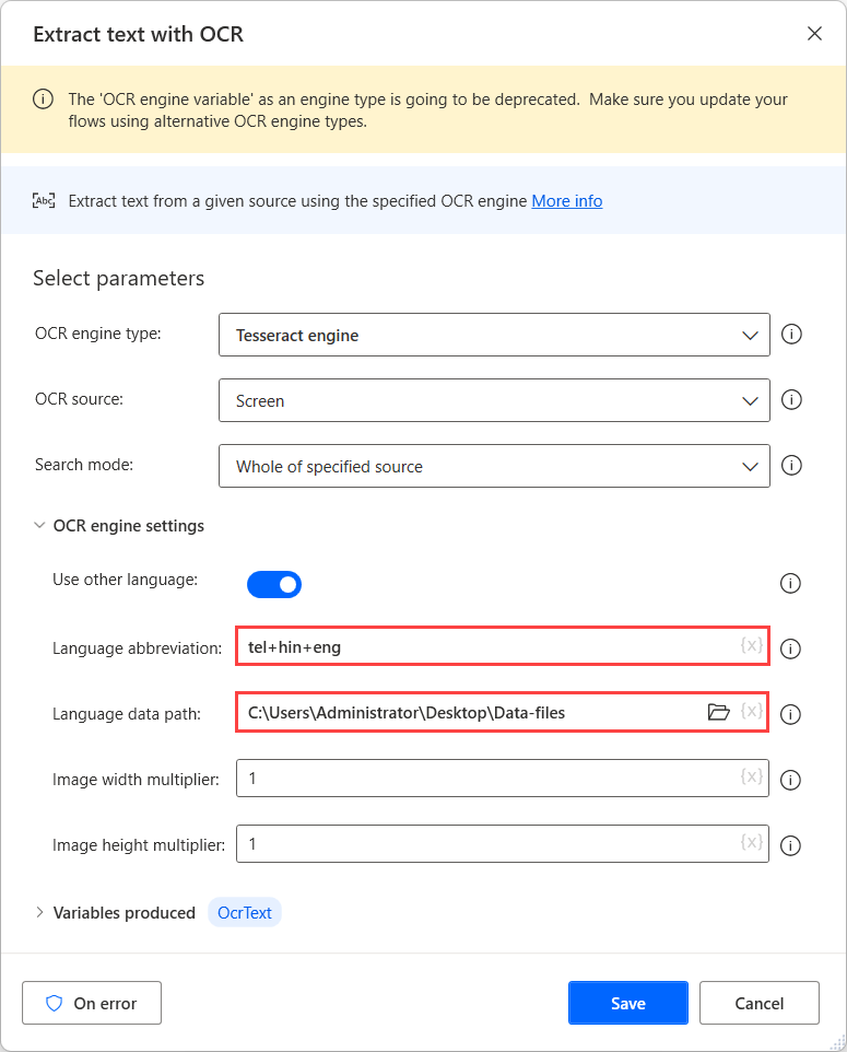 Screenshot of the populated Language abbreviation and Language data path fields in the Exctract text witg OCR action.