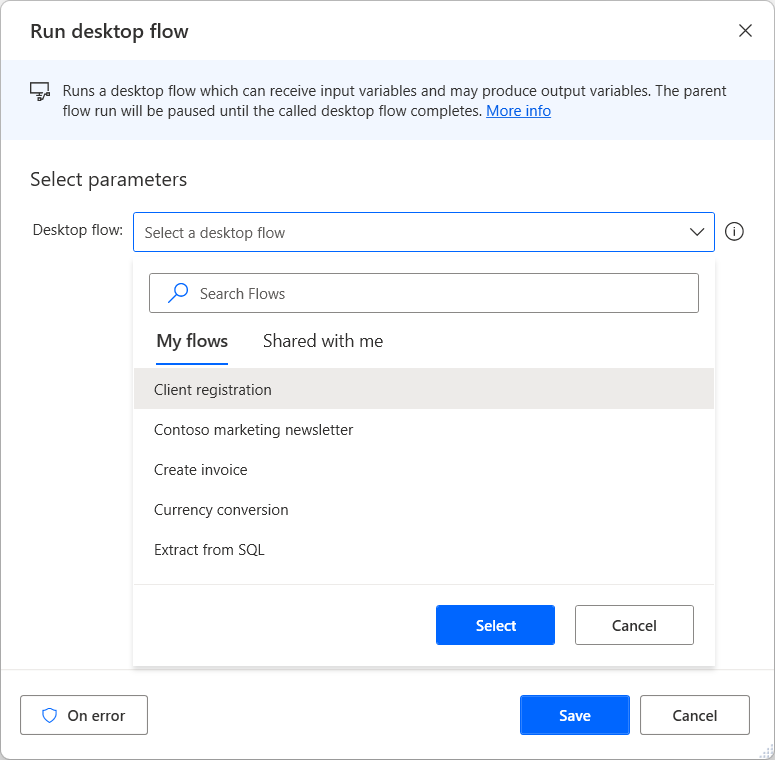 Screenshot of the available desktop flows in the Run desktop flow action.