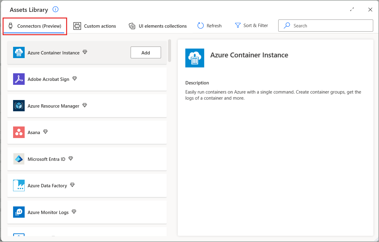 Screenshot of the connectors (preview) tab in the Assets library