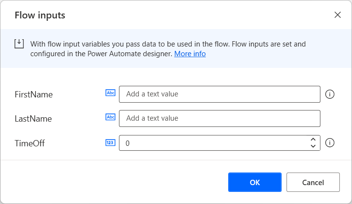 Screenshot of the flow inputs dialog.