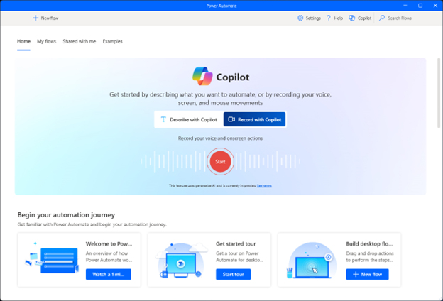 Screenshot of the option to create a desktop flow by selecting the Record with Copilot option.