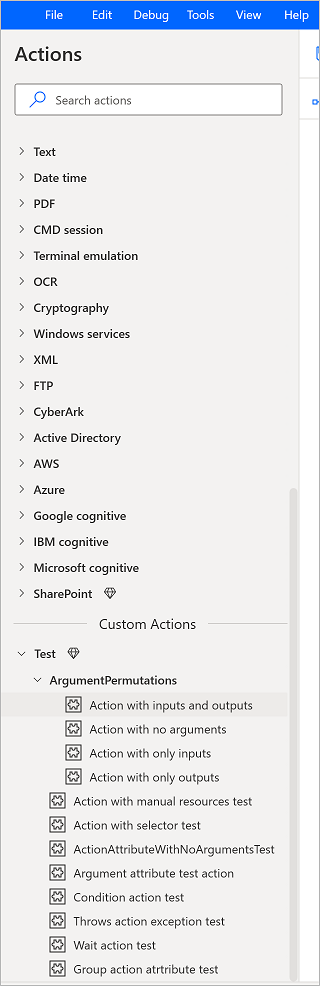 Screenshot of Custom Actions in the actions tree