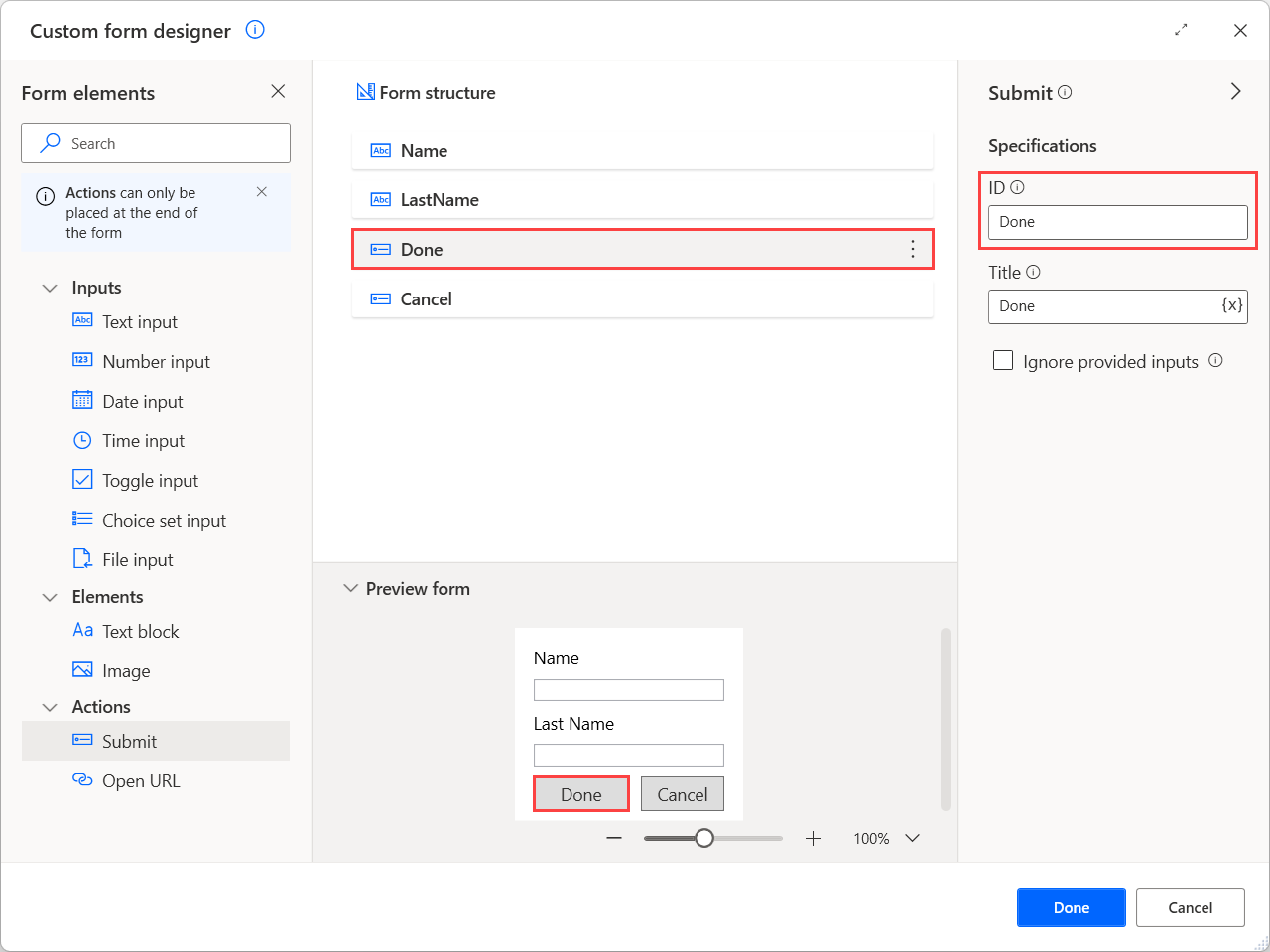 Screenshot of an configured custom form action.