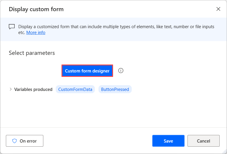 Screenshot of the Display custom form action.