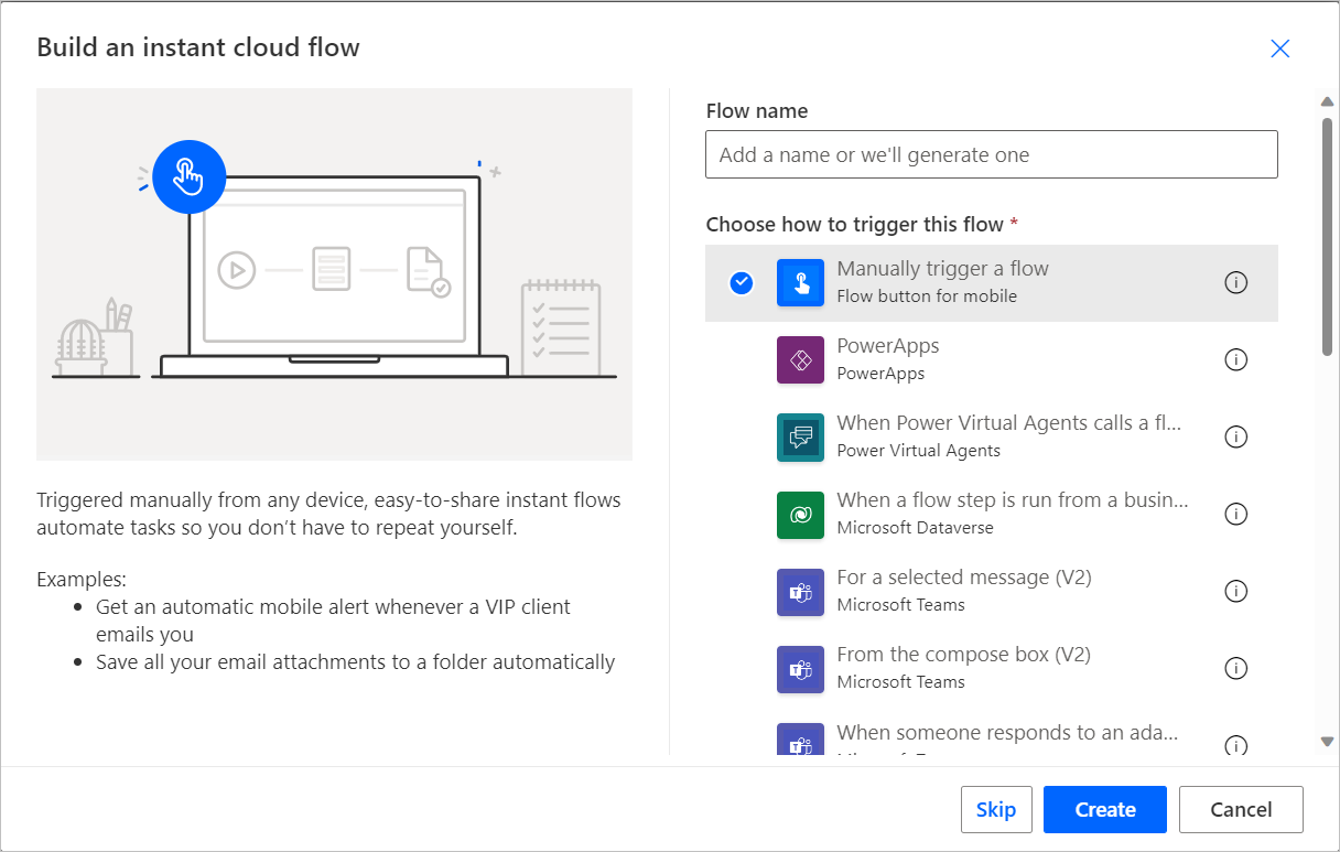 Screenshot of the Build an instant cloud flow dialog.