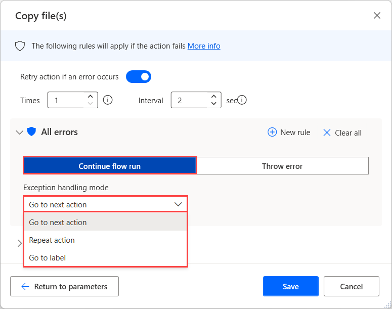 Screenshot of the continue flow run option in the action.