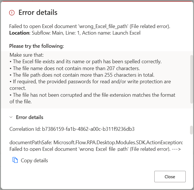 Screenshot of the error details dialog.