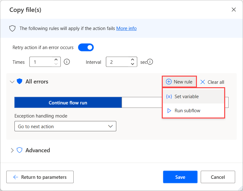 Screenshot of the New rule option in the action.