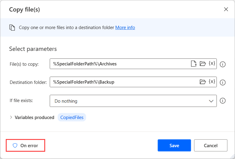 Screenshot of the On error option in the action.