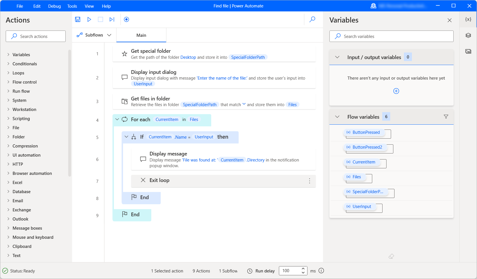 Screenshot of an example flow with a For each action.