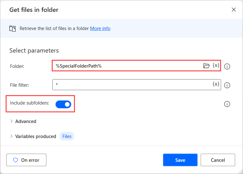 Screenshot of the Get files in folder action.