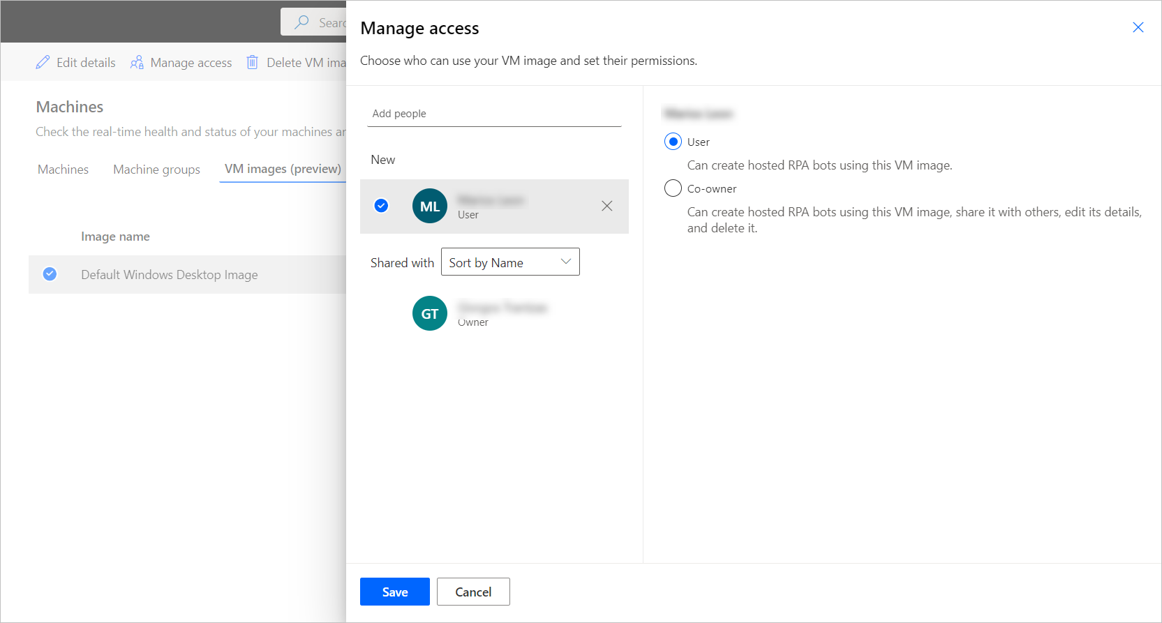 Screenshot of the Manage access dialog of the default VM image.