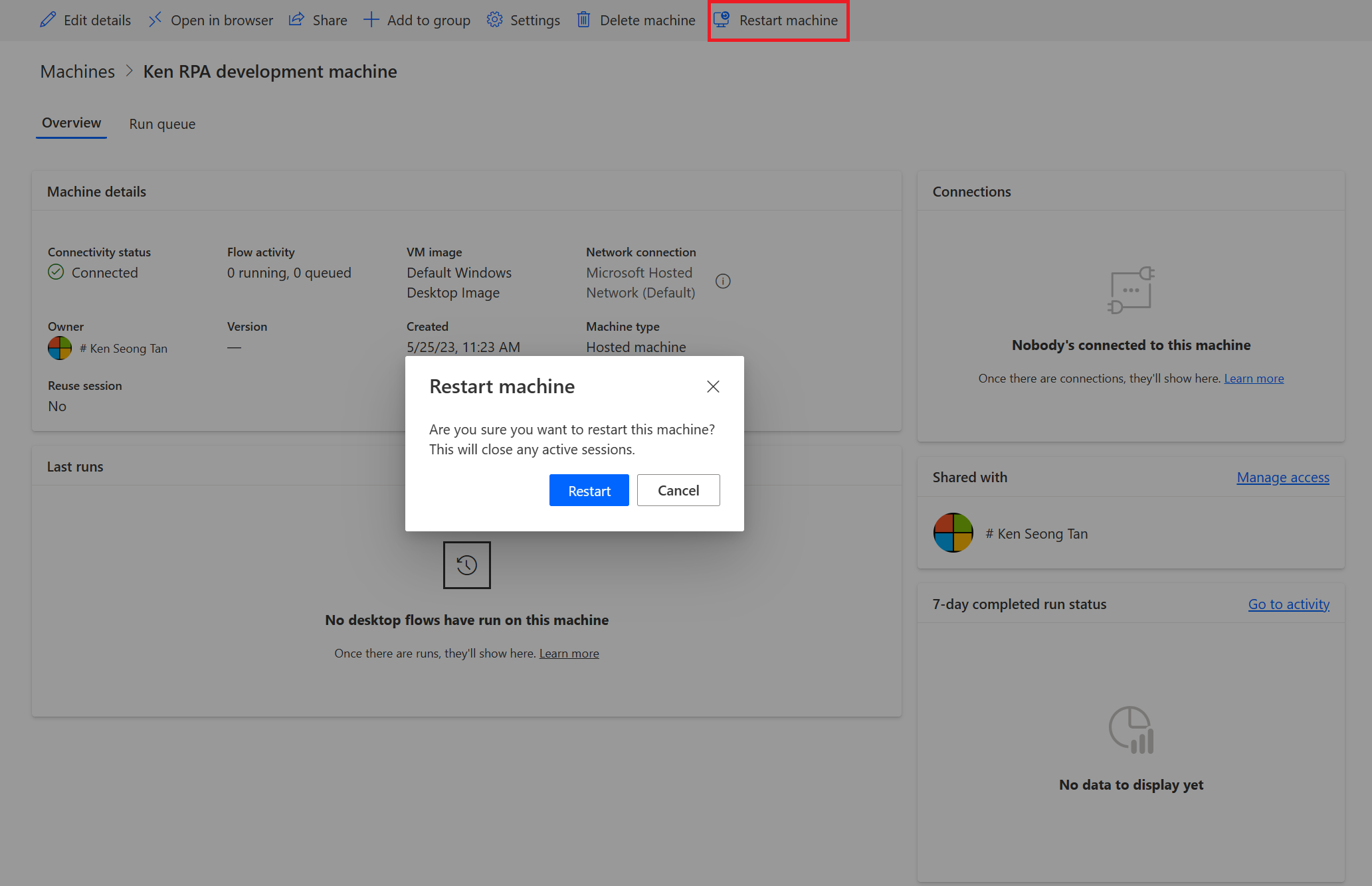 Screenshot of the restart hosted machine capability.