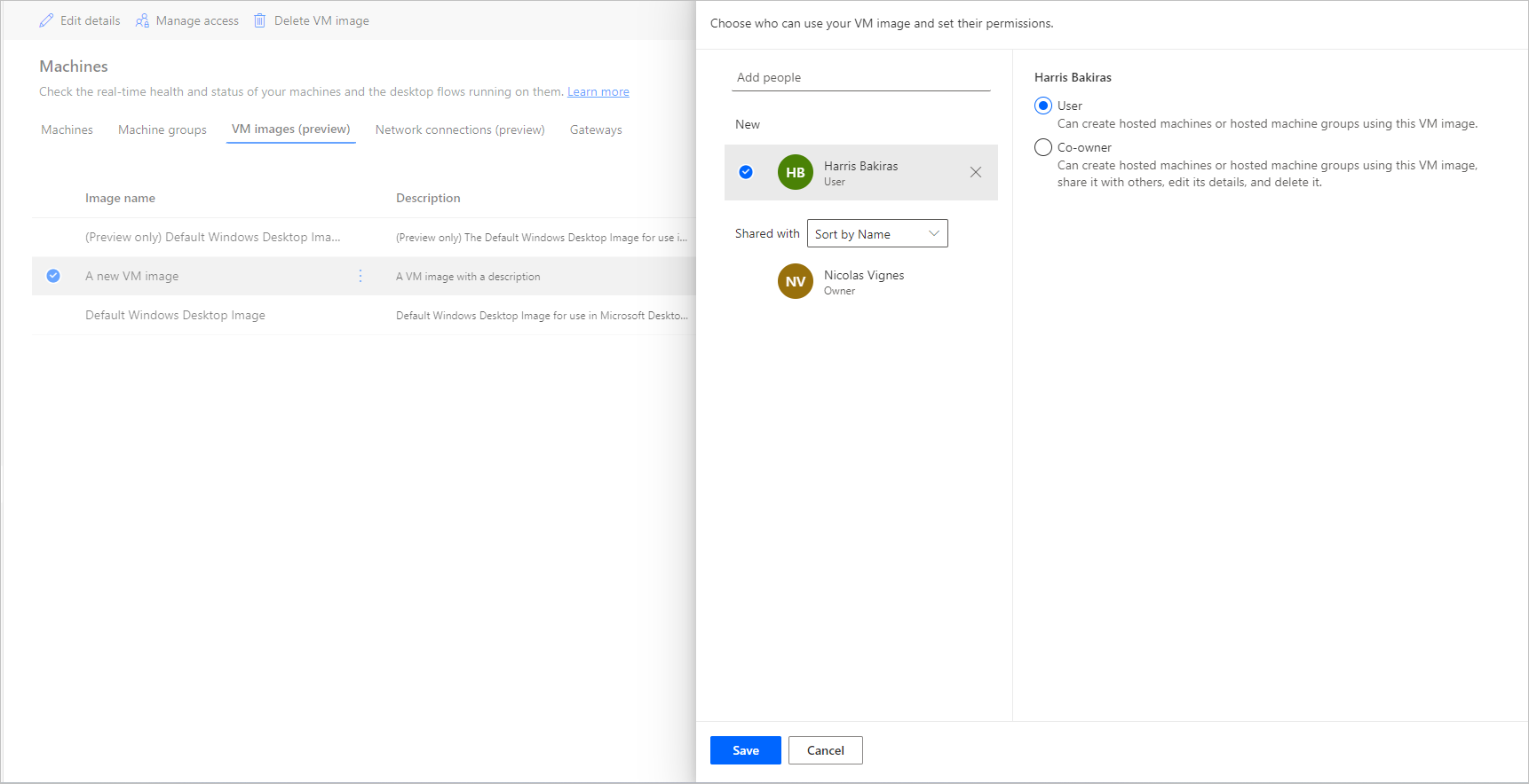 Screenshot of the Manage access dialog of the VM image.