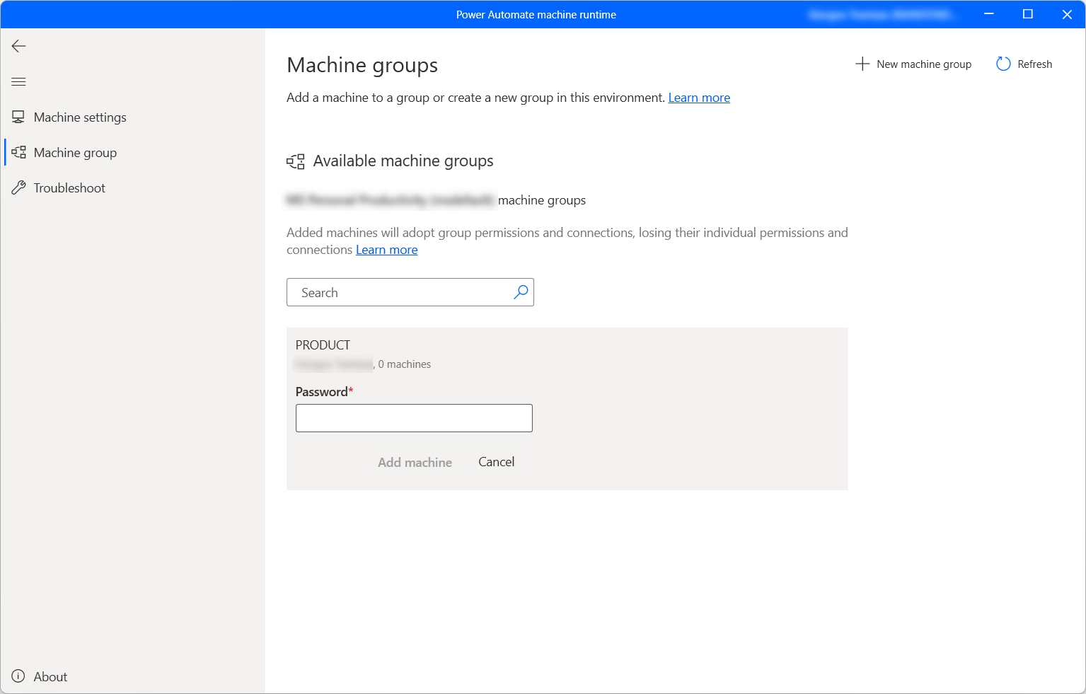 Screenshot of the dialog to add a machine to a machine group.