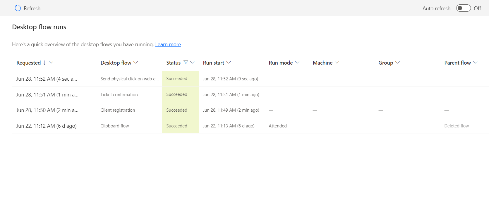 Screenshot of the flow runs from a parent flow.