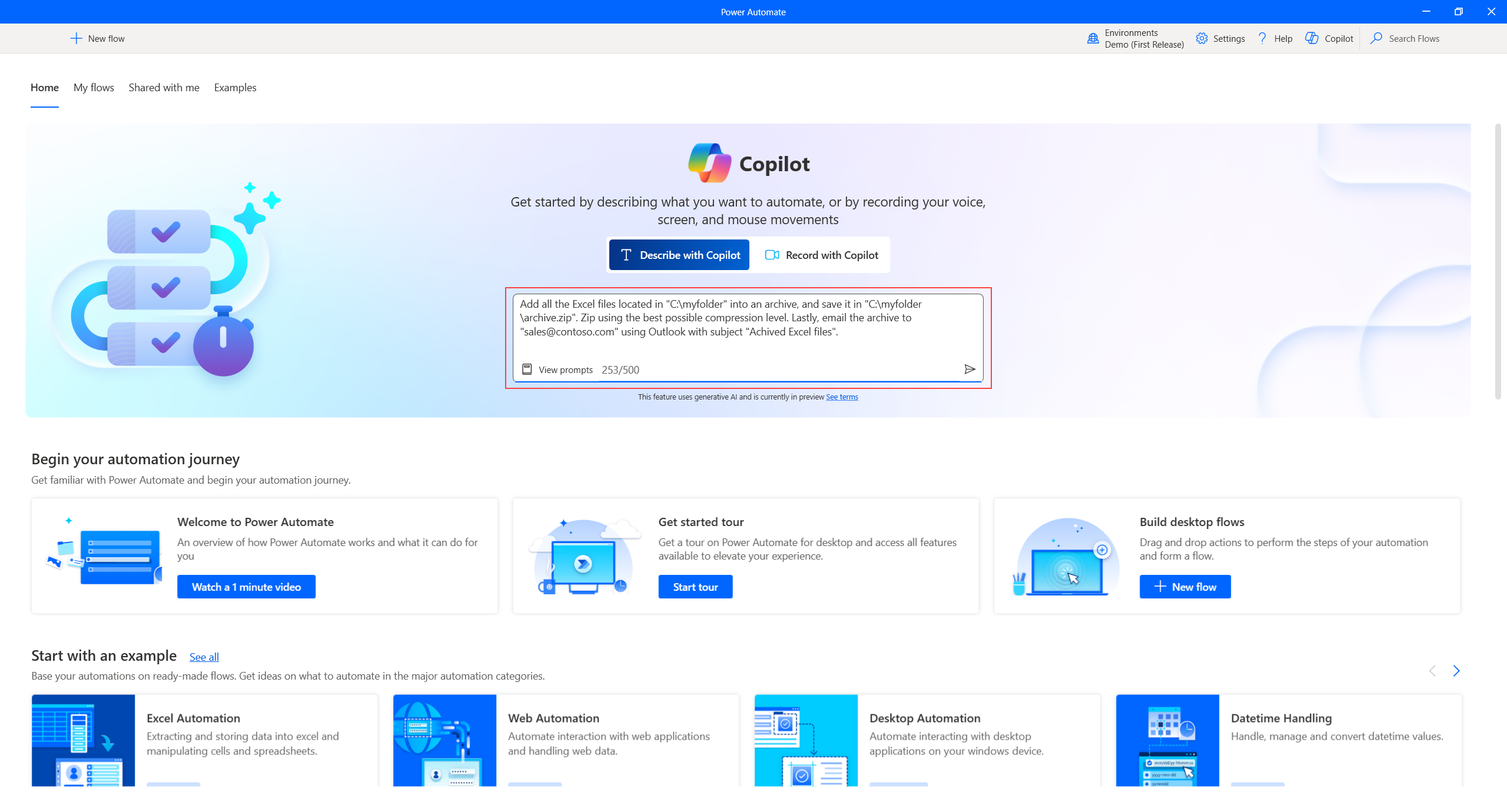 Screenshot that shows where to interact with Copilot in Power Automate for desktop's home.