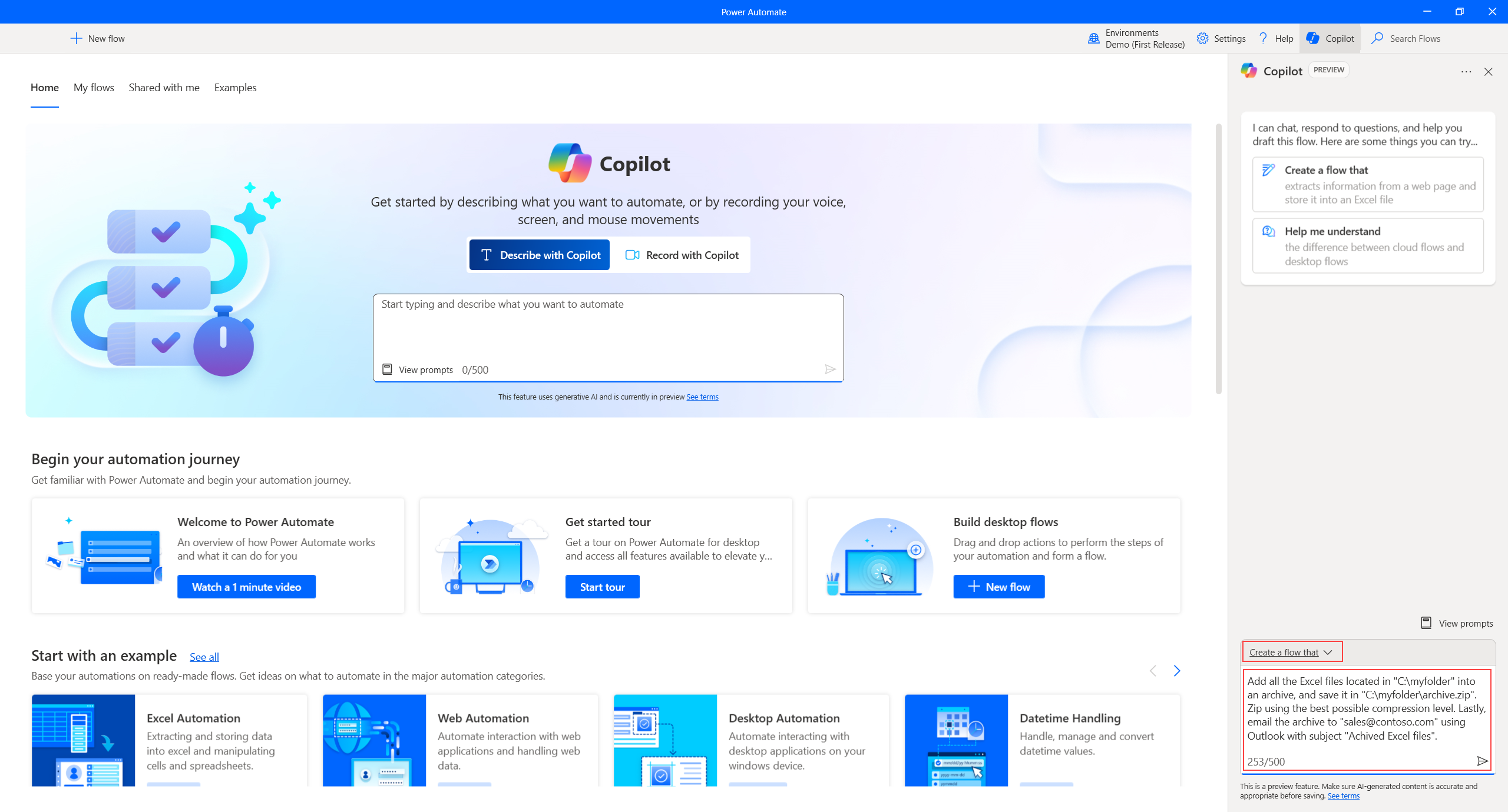 Screenshot that shows the Copilot side panel in Power Automate for desktop console's home location.