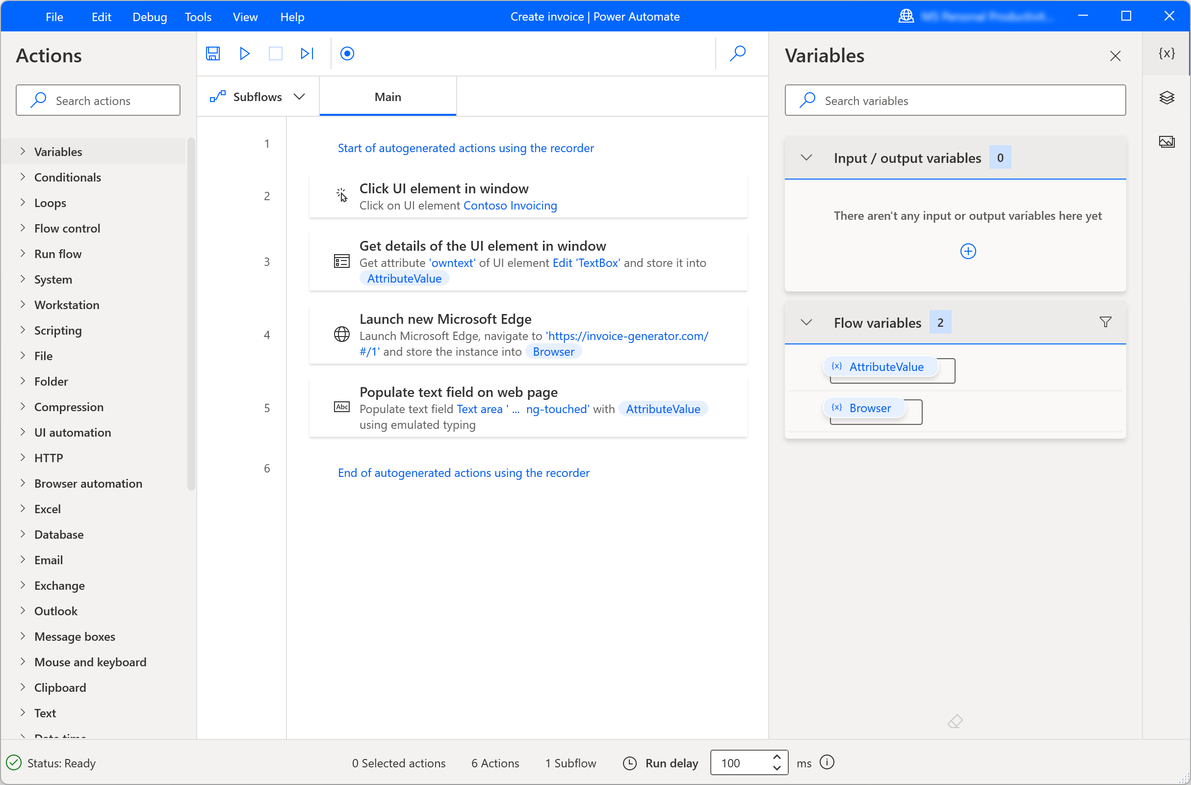 Screenshot of the generated actions of the recorded flow.