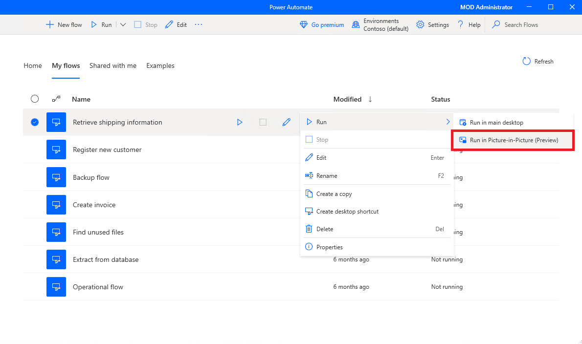 Run in picture-in-picture through the Power Automate console.