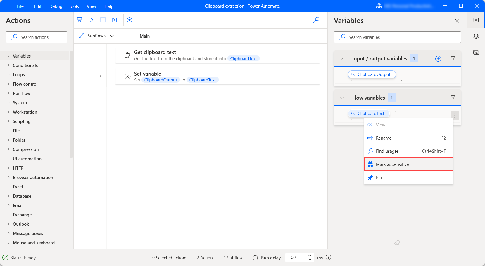 Screenshot of the option to mark a variable as sensitive.