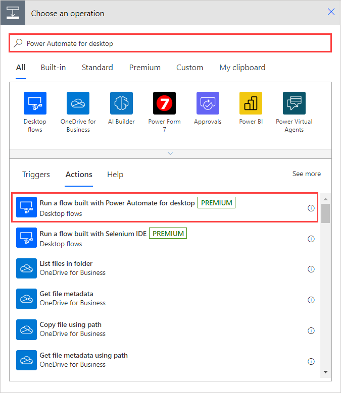 Screenshot of the selected Run a flow built with Power Automate for desktop action in the Choose an action dialog.