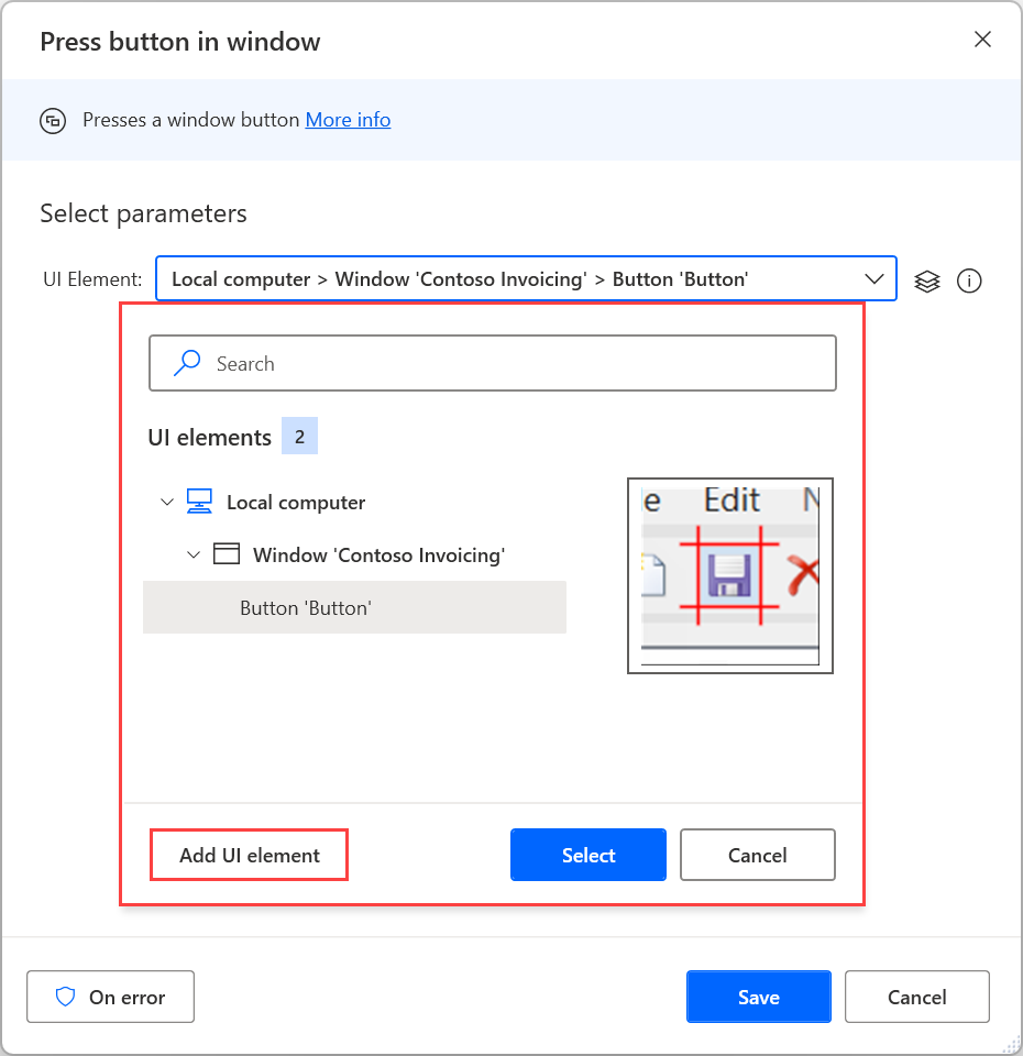 Screenshot of the available UI elemets in the Press button in window action.