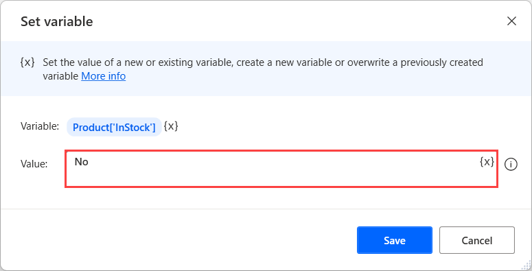 Screenshot of a Set variable action that adds a new property to a custom object.