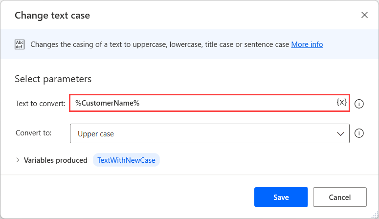 Screenshot of the percentage notation in a Change text case action's field.