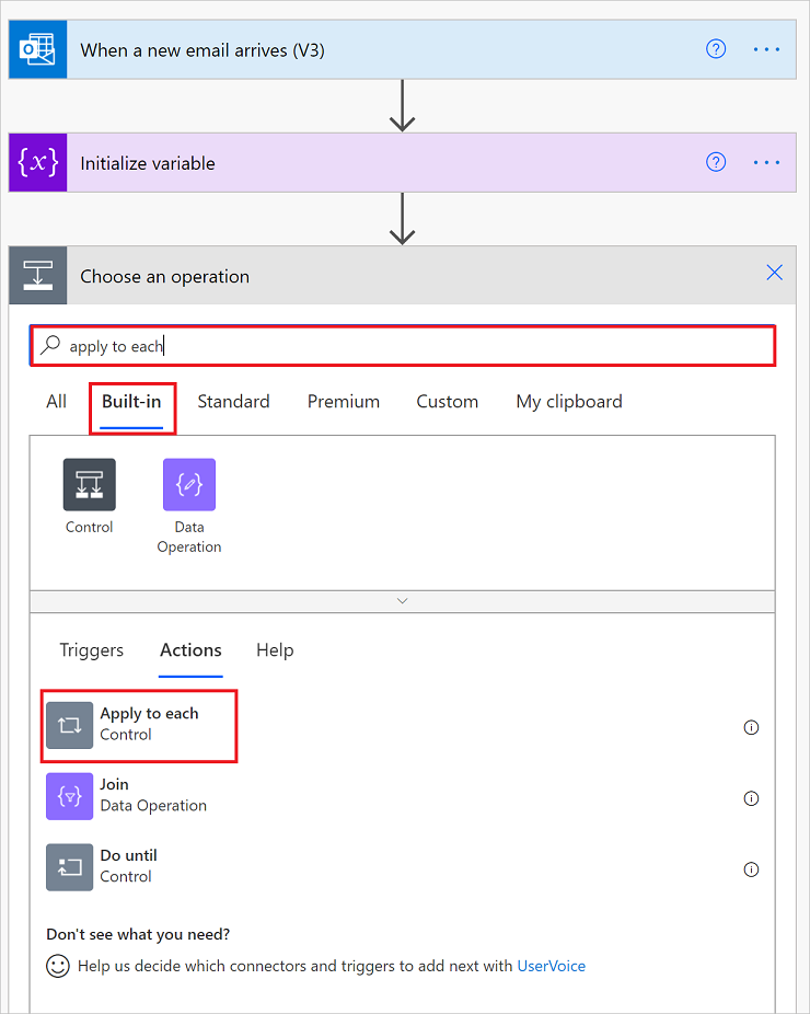 Screenshot of adding an Apply to each - Control loop.