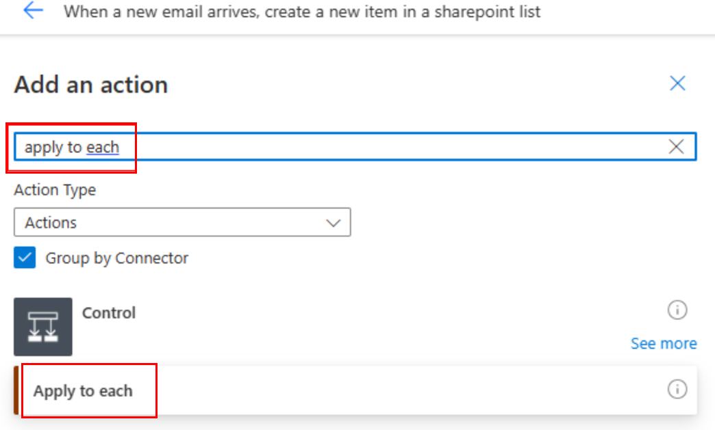 Screenshot of adding an Apply to each - Control loop.