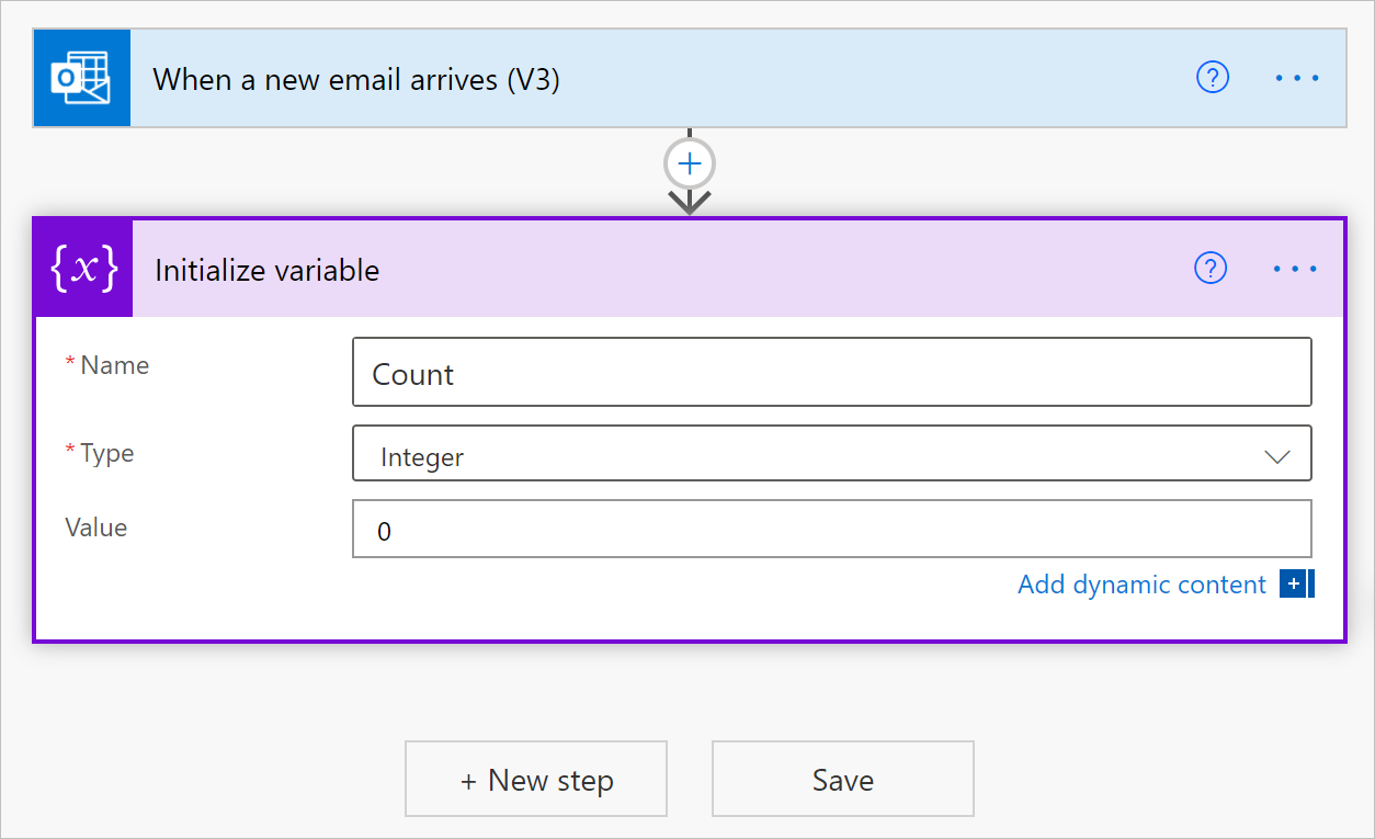 Screenshot of the Initialize variable example.