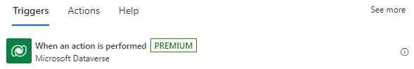 "When an action is performed" trigger search result in the Power Automate designer"