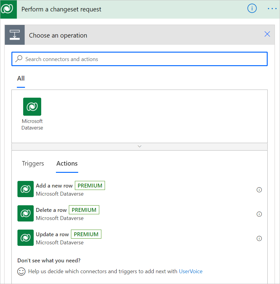 The three actions available for Perform a changeset request.