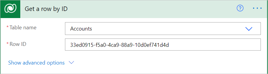 Completed Get row by ID card with advanced options highlighted.