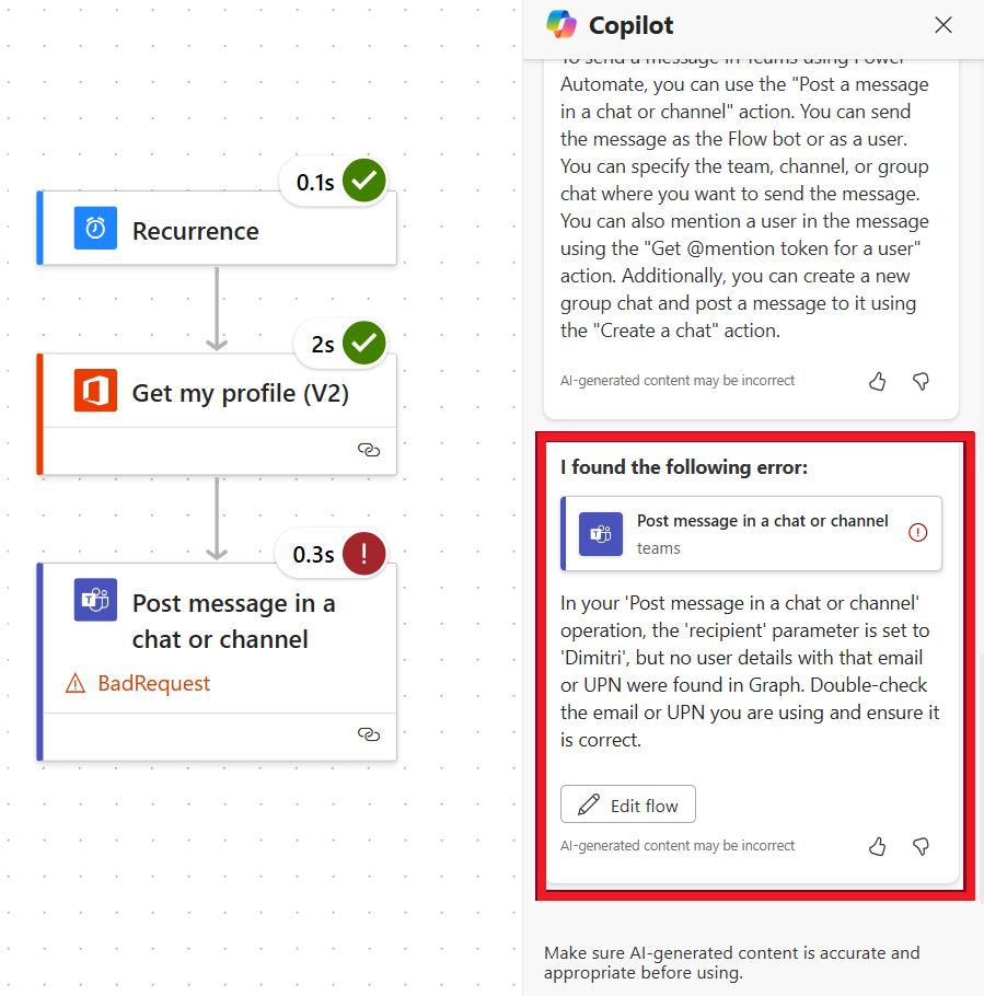 Screenshot of a troubleshooting in Copilot suggestion for fixing a failed flow run.