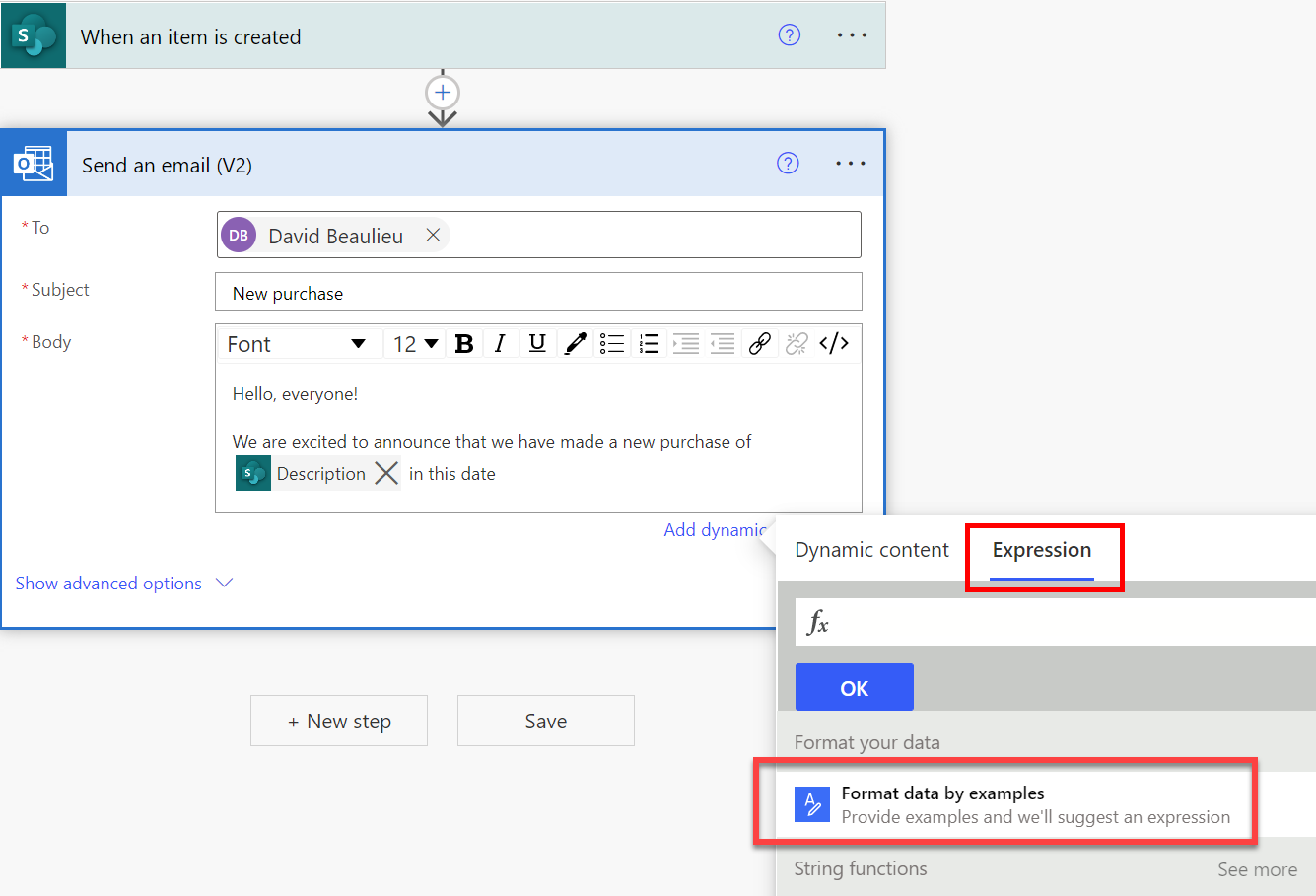 Screenshot of the option to open format data by examples in the expression menu.