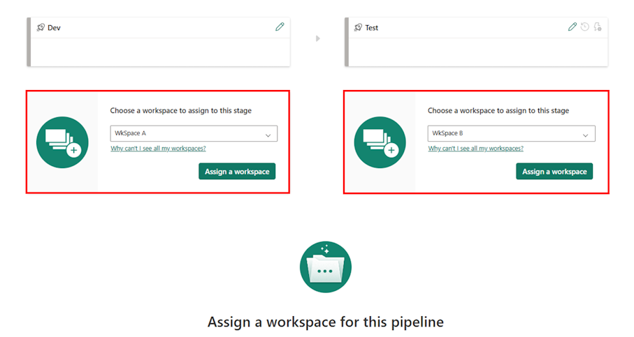 Screenshot of assigning workspaces for a pipeline.