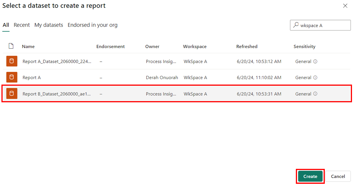 Screenshot of the dataset to create a report using the same workspace.